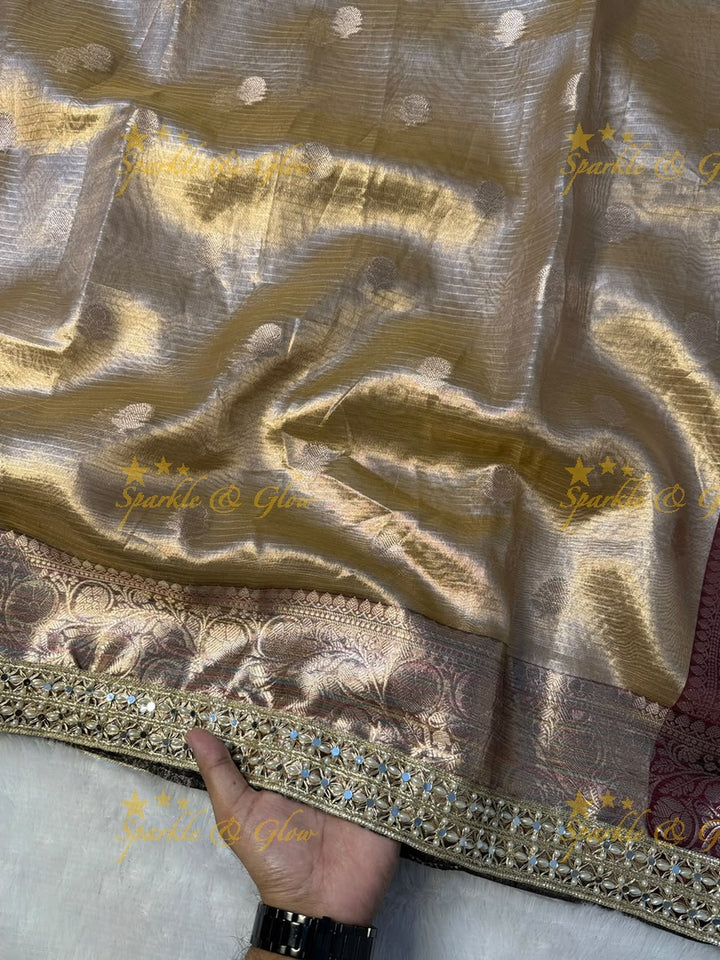 Elegant Banarasi Saree with Pearl & Mirror Trim Design