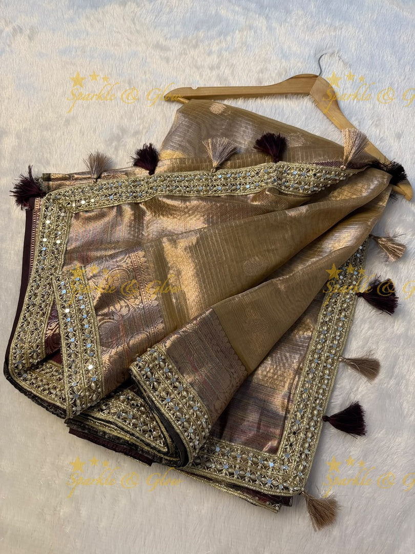 Elegant Banarasi Saree with Pearl & Mirror Trim Design