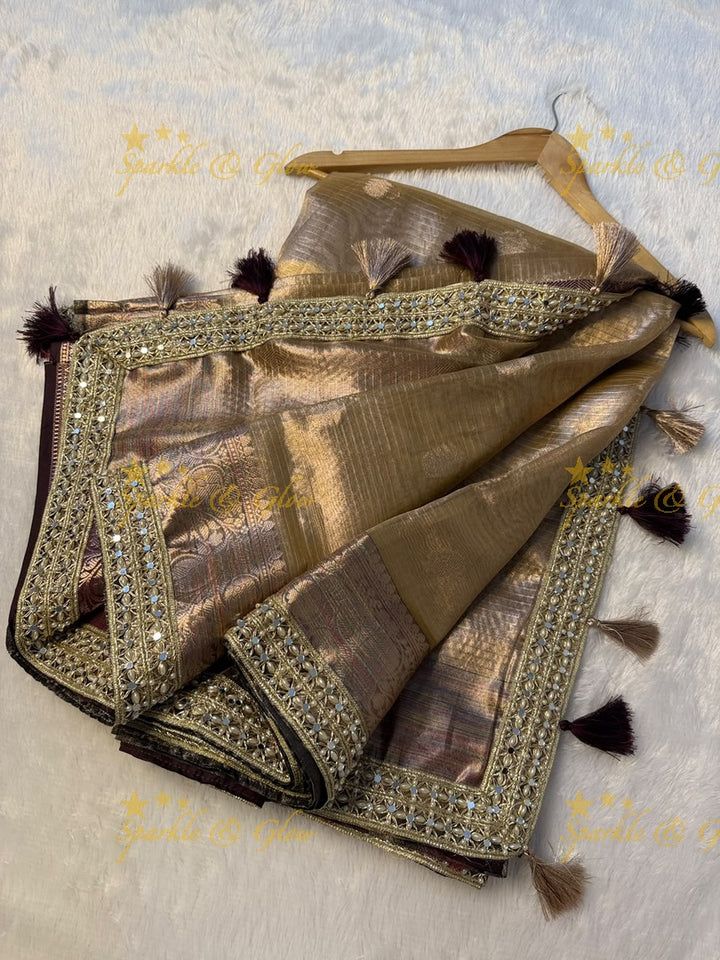 Elegant Banarasi Saree with Pearl & Mirror Trim Design