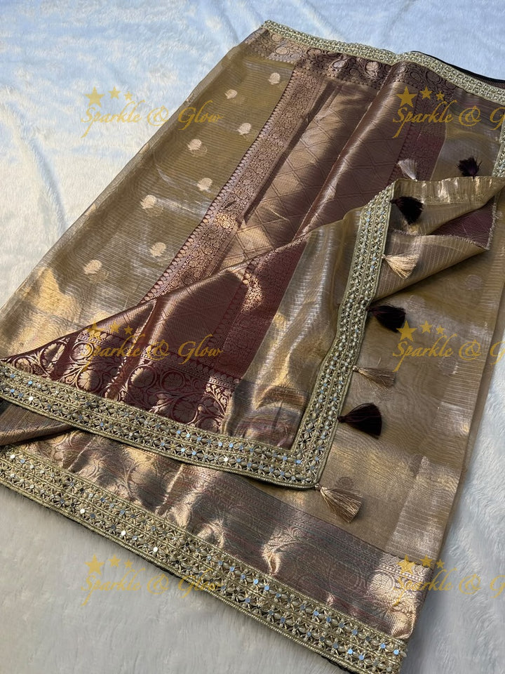 Elegant Banarasi Saree with Pearl & Mirror Trim Design