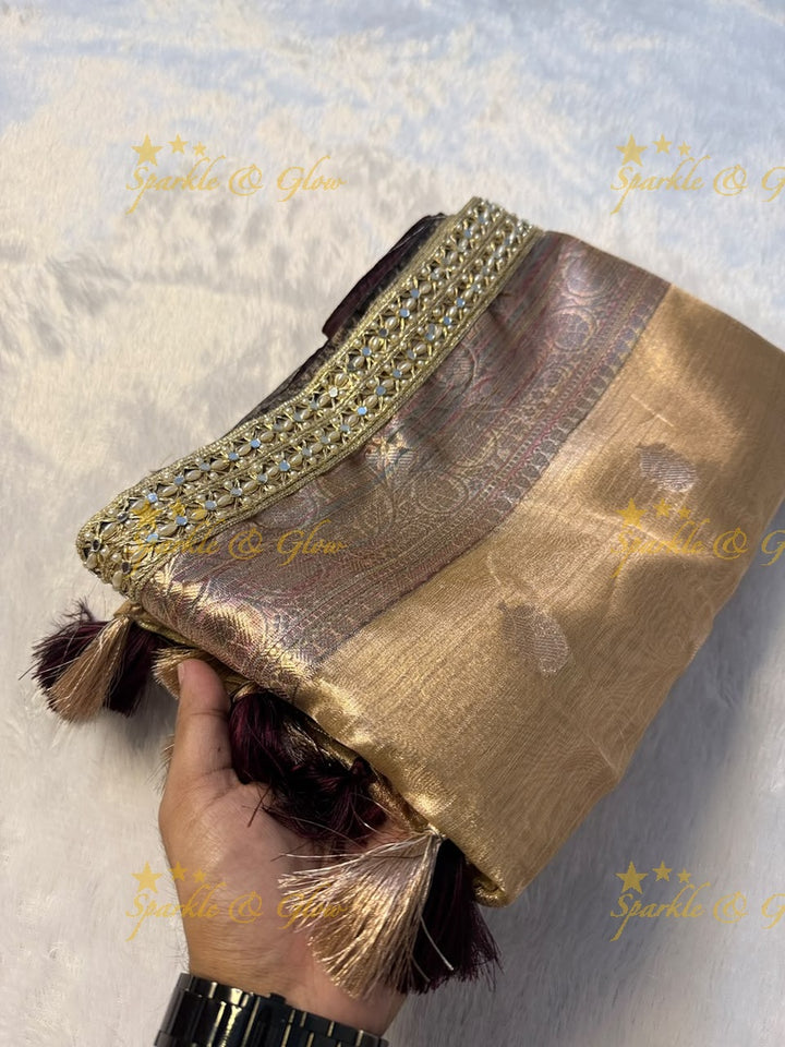 Elegant Banarasi Saree with Pearl & Mirror Trim Design
