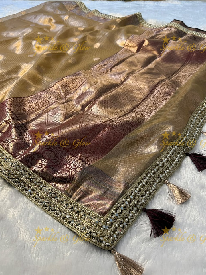 Elegant Banarasi Saree with Pearl & Mirror Trim Design