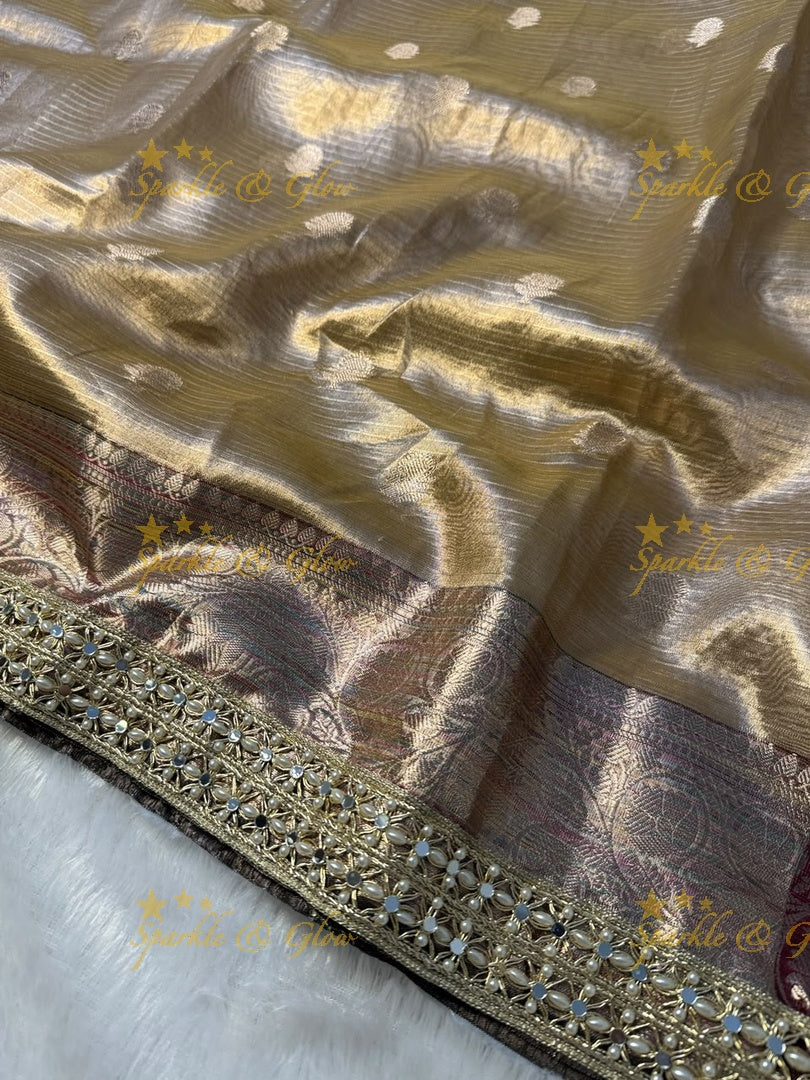 Elegant Banarasi Saree with Pearl & Mirror Trim Design