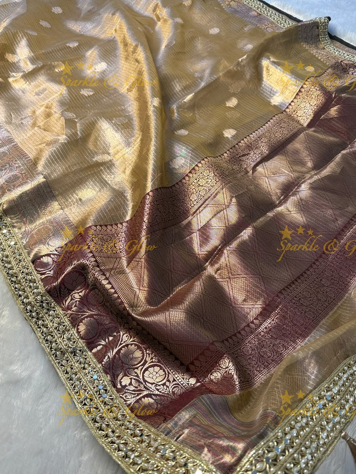 Elegant Banarasi Saree with Pearl & Mirror Trim Design