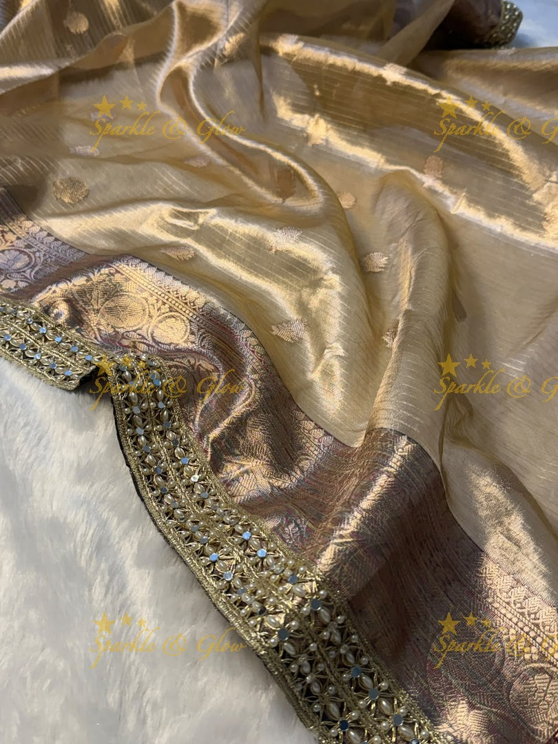 Elegant Banarasi Saree with Pearl & Mirror Trim Design