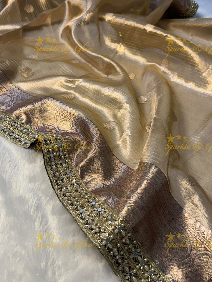 Elegant Banarasi Saree with Pearl & Mirror Trim Design