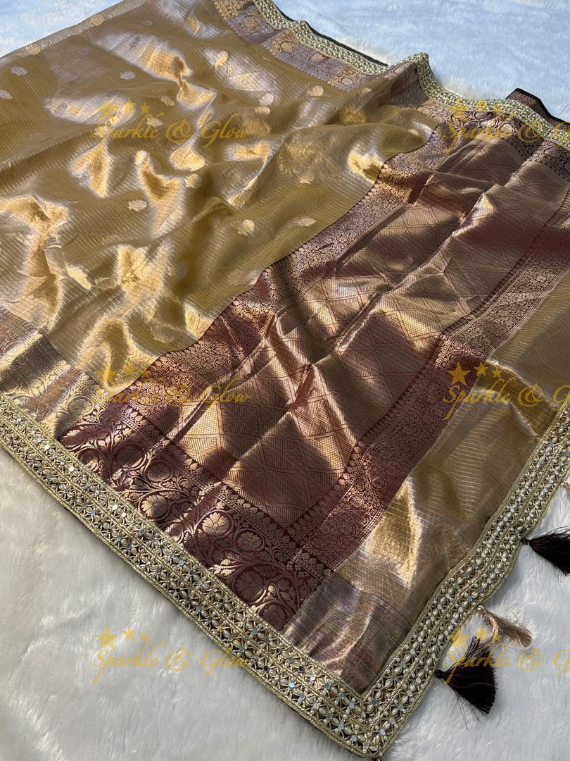 Elegant Banarasi Saree with Pearl & Mirror Trim Design
