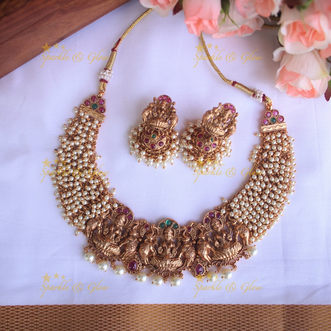 Premium Matte cluster beads short Lakshmi necklace - Pearl