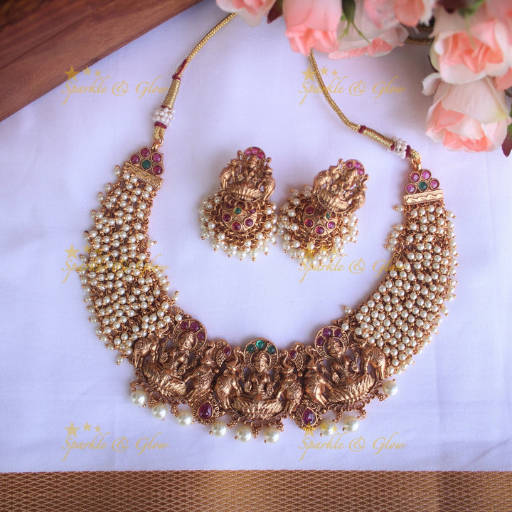 Premium Matte cluster beads short Lakshmi necklace - Pearl