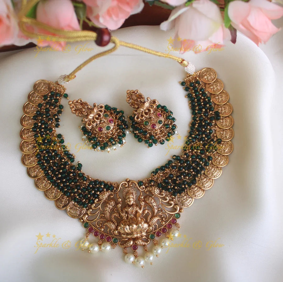 Premium Matte cluster beads coin Lakshmi necklace - Green - Sparkle and Glow