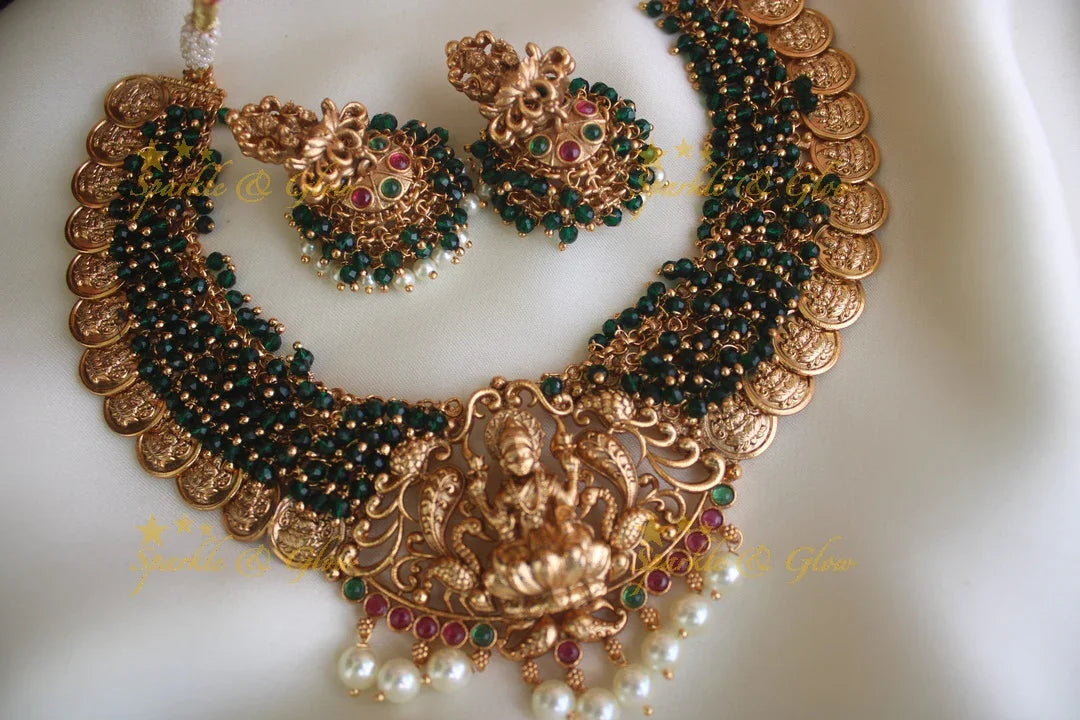 Premium Matte cluster beads coin Lakshmi necklace - Green - Sparkle and Glow