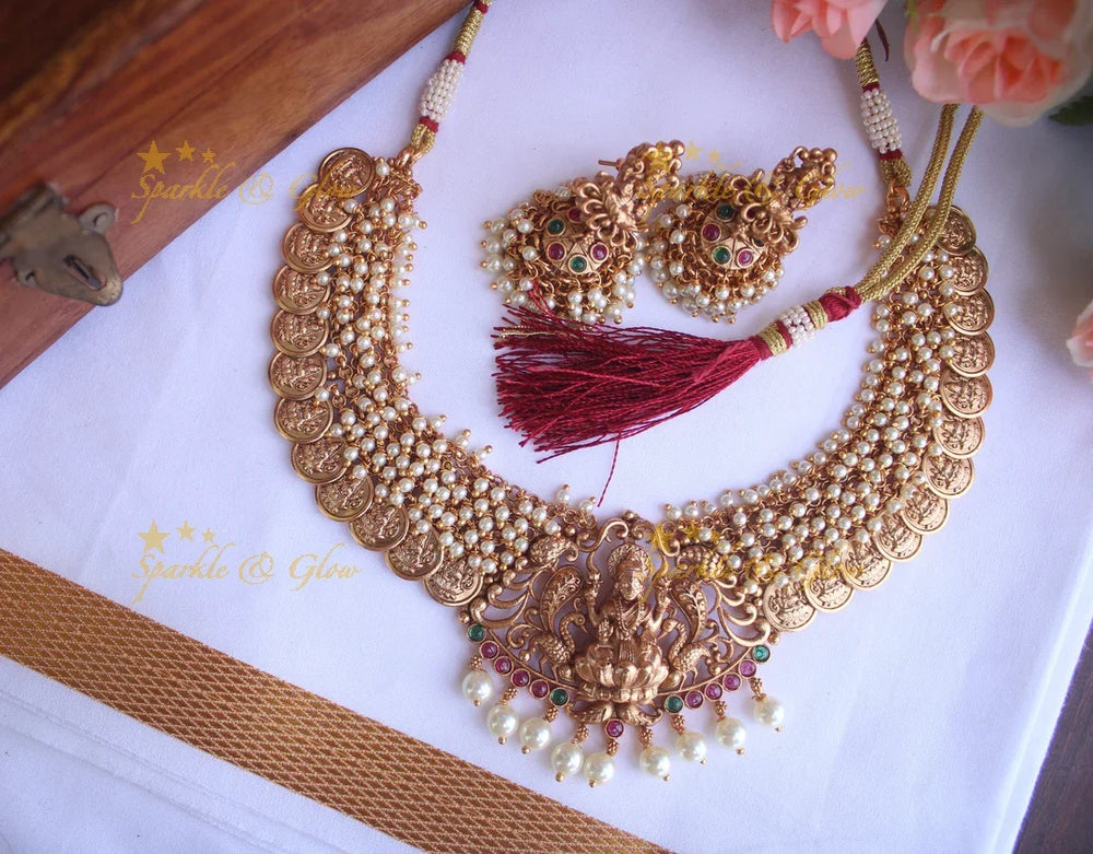 Premium Matte cluster beads coin Lakshmi necklace - Green - Sparkle and Glow