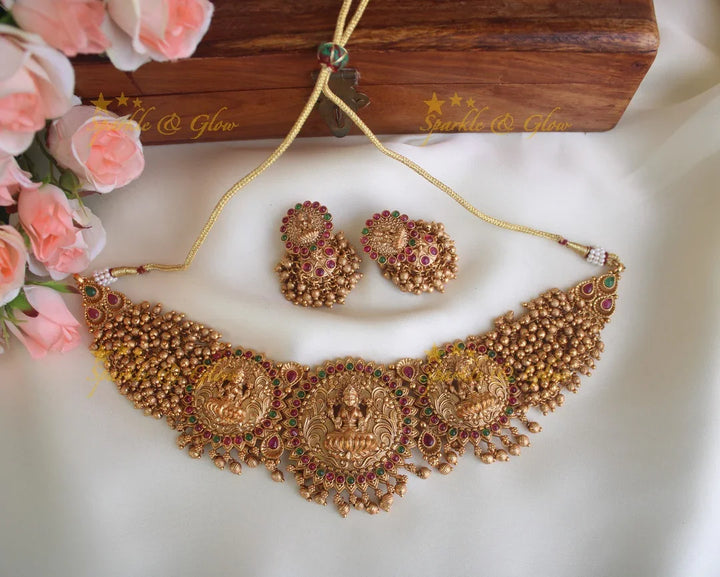 Premium Matte Gold Cluster Lakshmi choker - Green - Sparkle and Glow