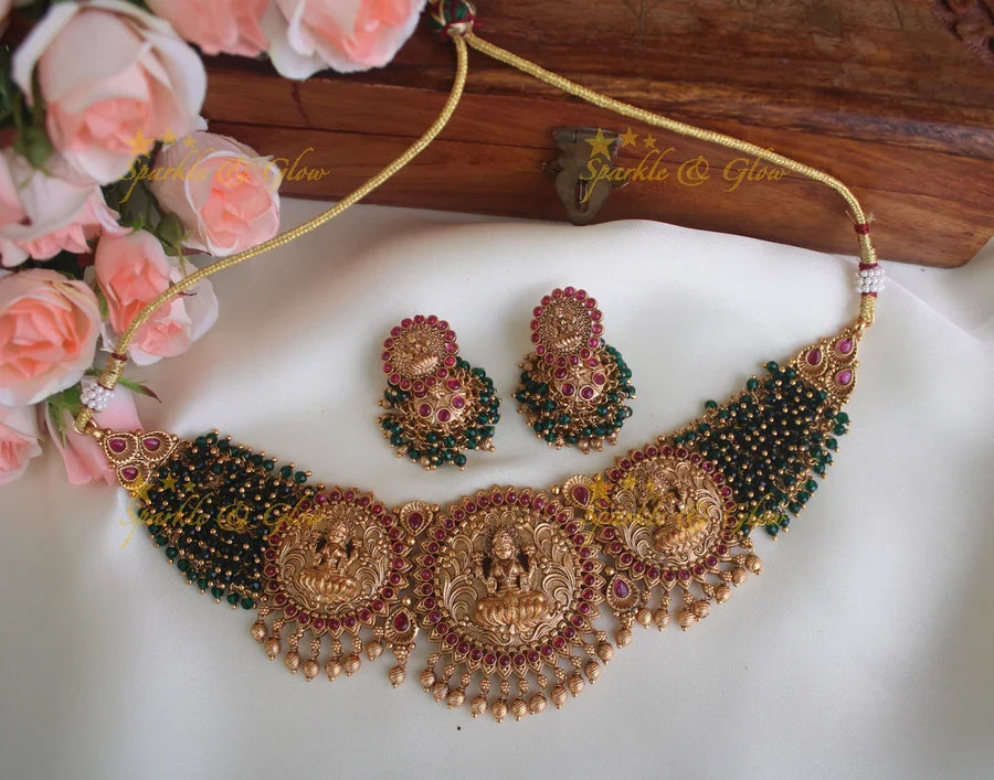 Premium Matte Gold Cluster Lakshmi choker - Green - Sparkle and Glow