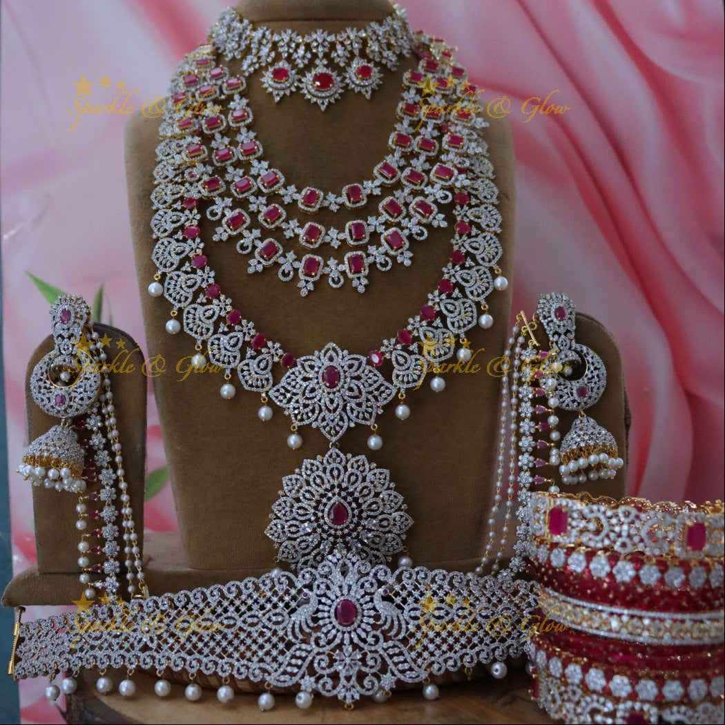 Dazzling American Diamond & Ruby Bridal Set