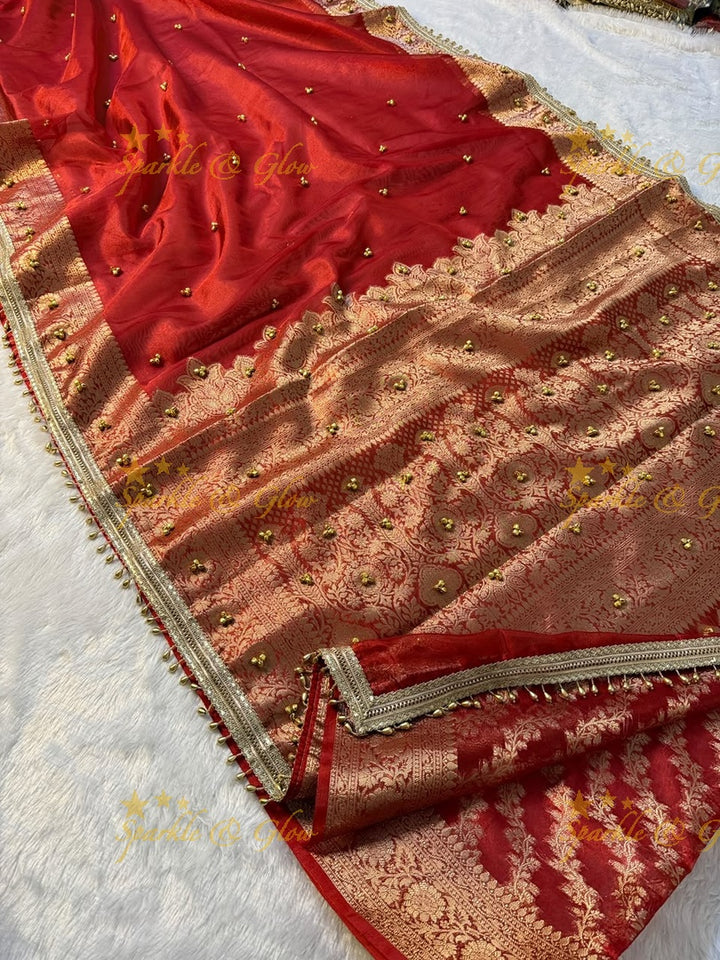 Exquisite Red Banarasi Saree with Ghungroo Edge