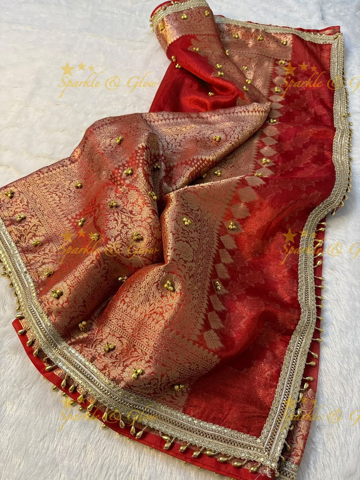 Exquisite Red Banarasi Saree with Ghungroo Edge
