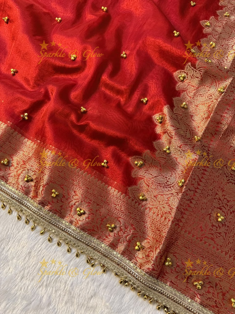 Exquisite Red Banarasi Saree with Ghungroo Edge