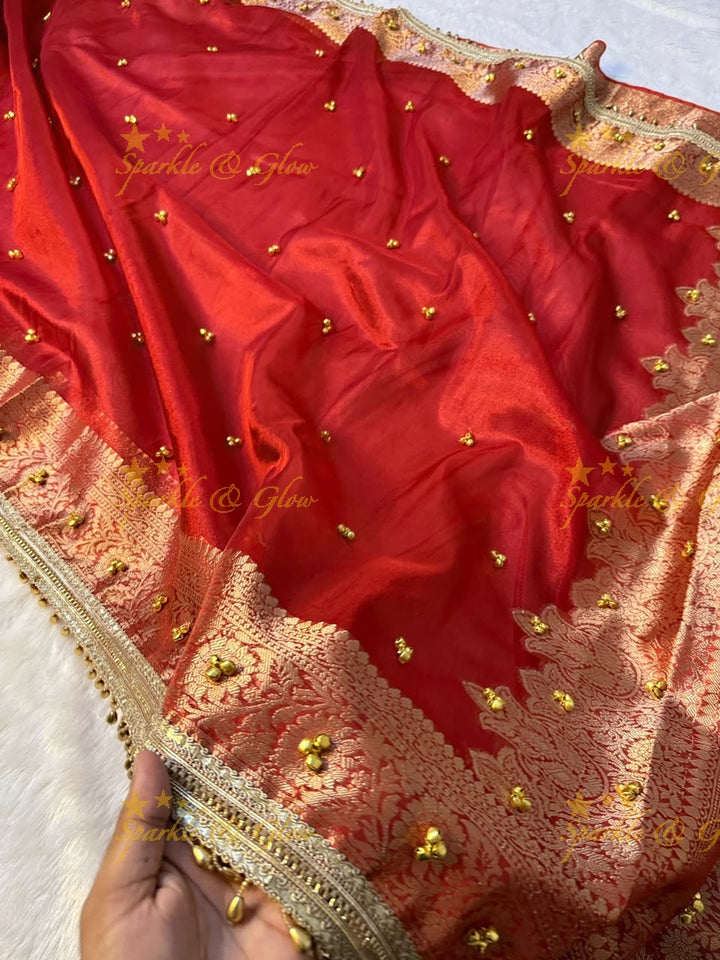 Exquisite Red Banarasi Saree with Ghungroo Edge