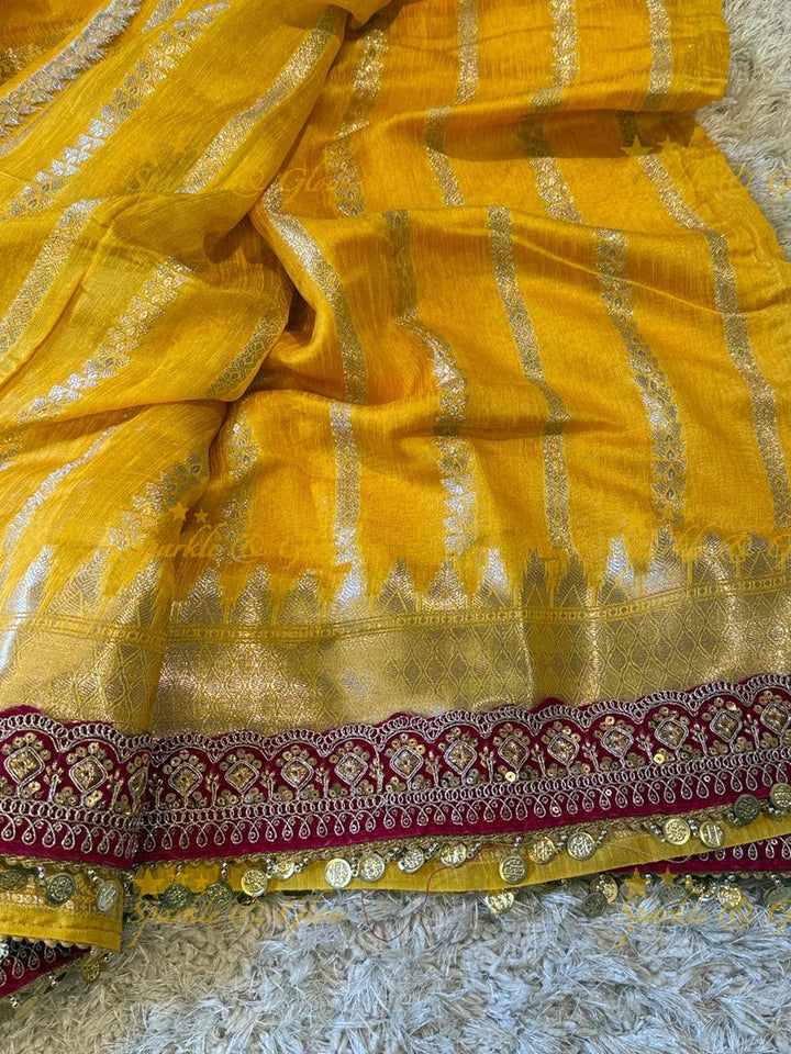 Velvet Border Yellow Ghicha Saree – Premium Elegance