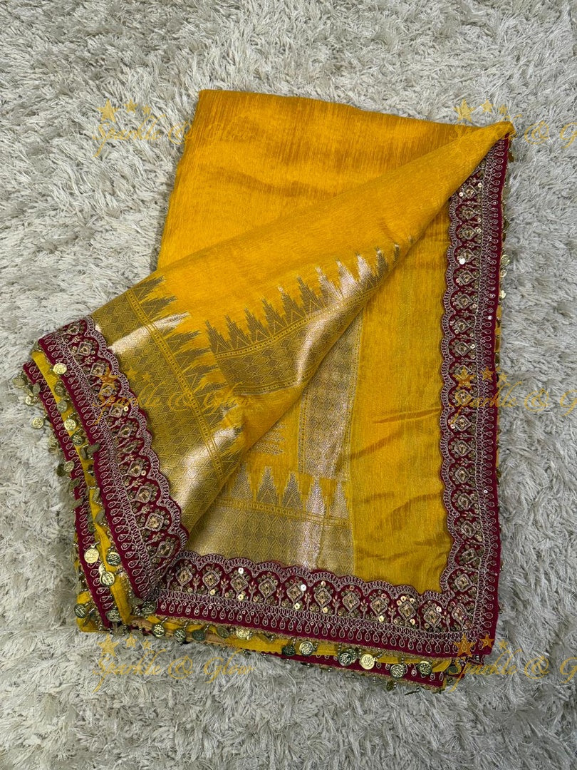 Velvet Border Yellow Ghicha Saree – Premium Elegance