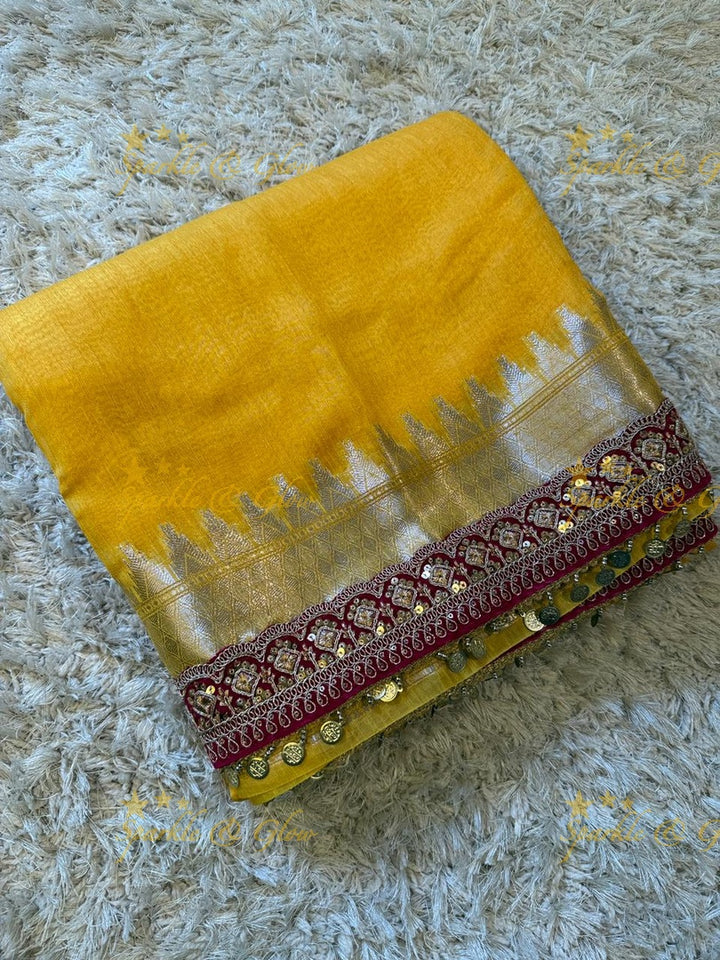 Velvet Border Yellow Ghicha Saree – Premium Elegance