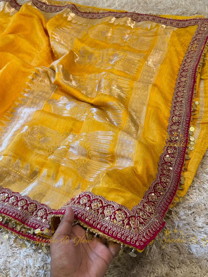 Velvet Border Yellow Ghicha Saree – Premium Elegance