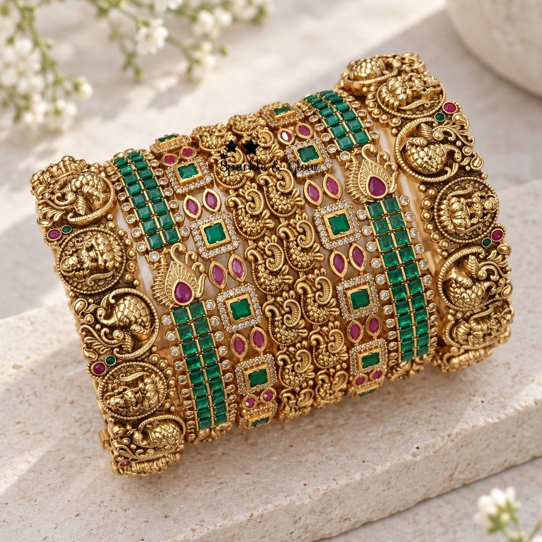 Exquisite Bridal Temple Bangles with Peacock Designs