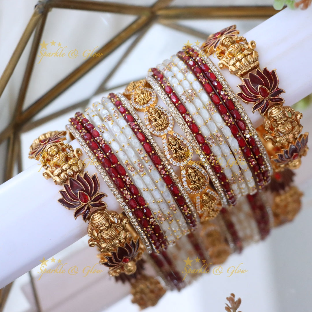 Gold-Plated Bangle Set with Lakshmi Motifs & Lotus Design
