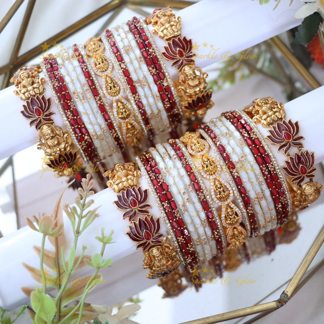 Gold-Plated Bangle Set with Lakshmi Motifs & Lotus Design