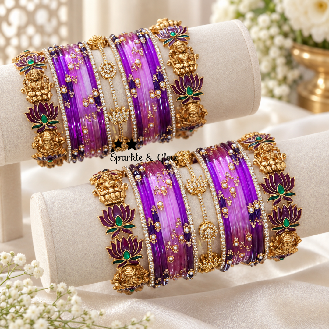 Exquisite Lakshmi Lotus Gold Bangles Set Online