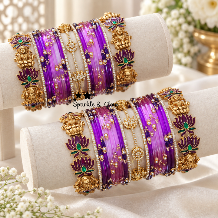 Exquisite Lakshmi Lotus Gold Bangles Set Online