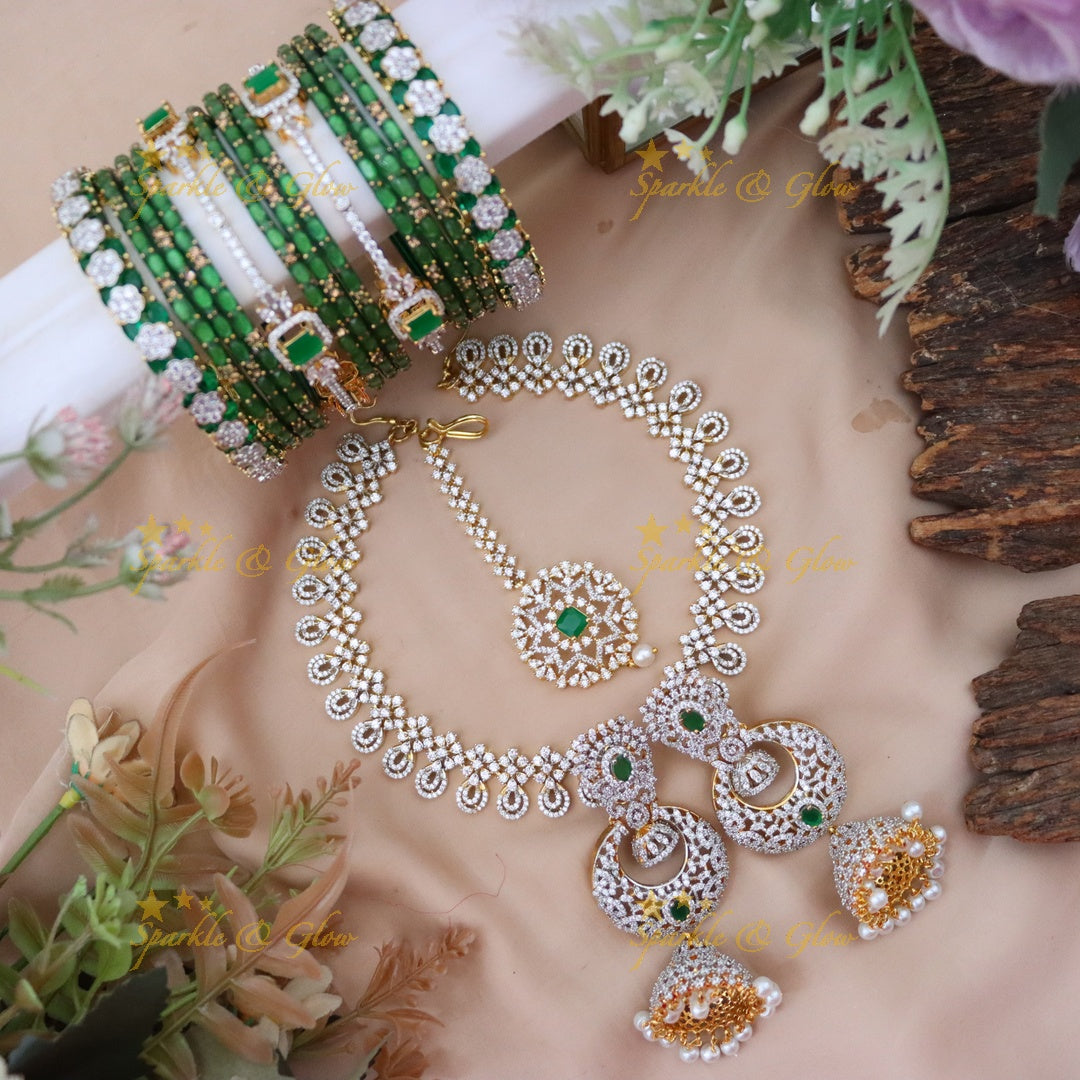 Elegant American Diamond Chandbali Earrings with Green Accents