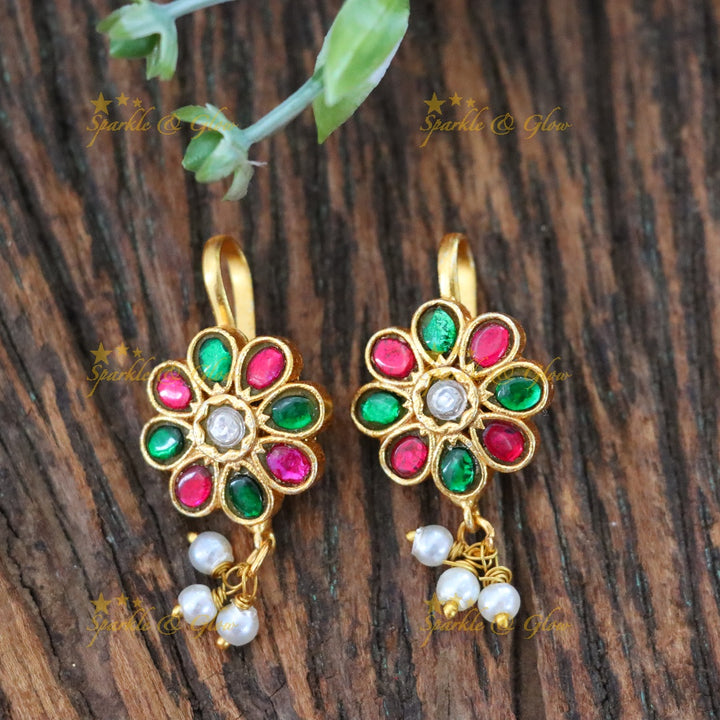 Jadau Kundan Floral Bugadi Earrings with Pearl Drops