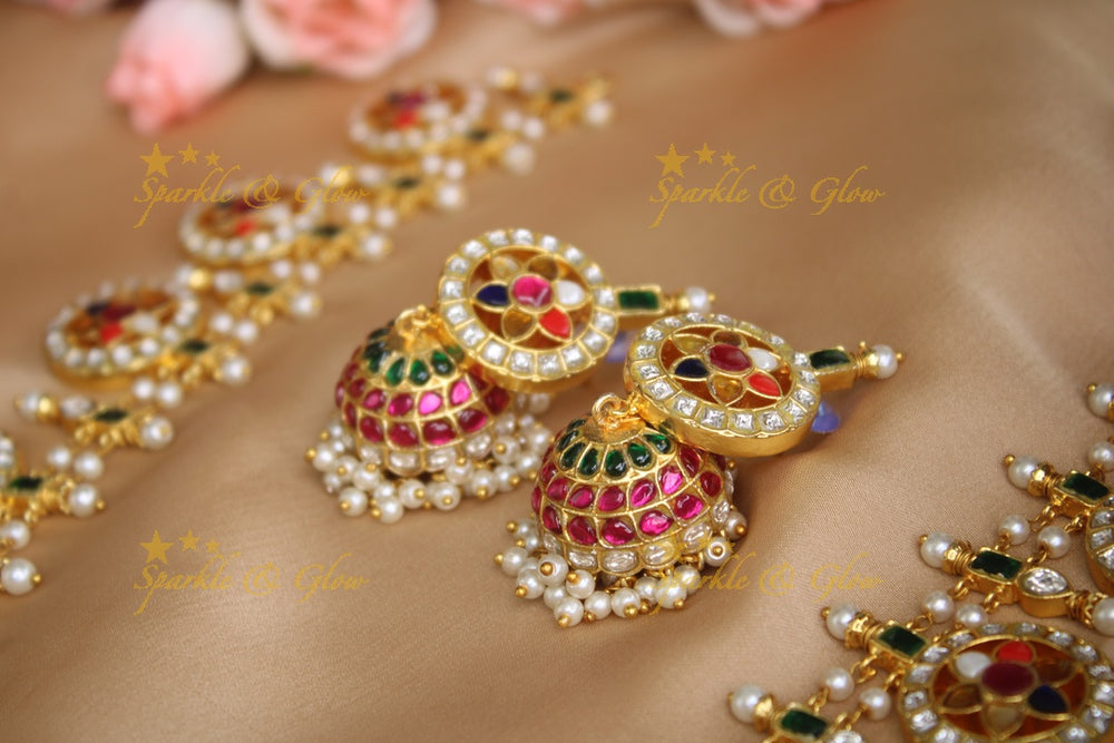 Jadau kundan navarathna kasu / coin mid length haram - Sparkle and Glow