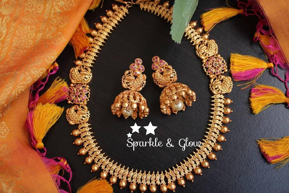 Antique Gold Elegant moggapu peacock necklace - White - Sparkle and Glow