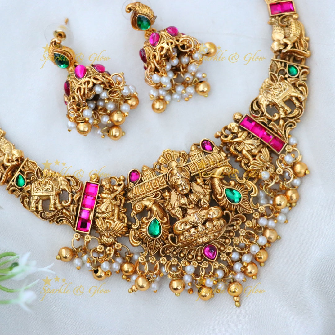 Temple Necklace Set in Gold & Pearl for Festive Elegance