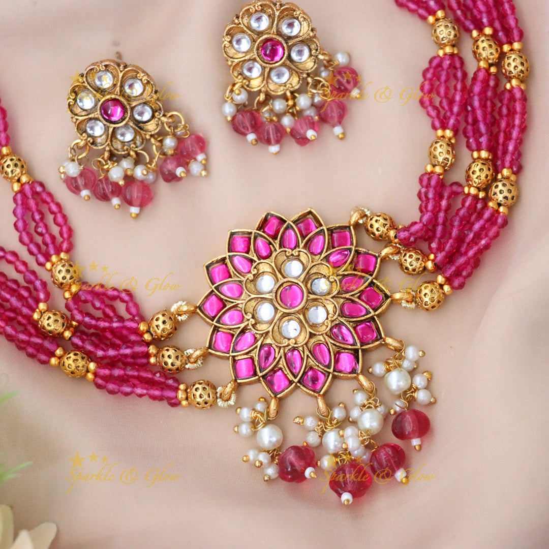 Exquisite Gold & Pink Necklace Set for Weddings