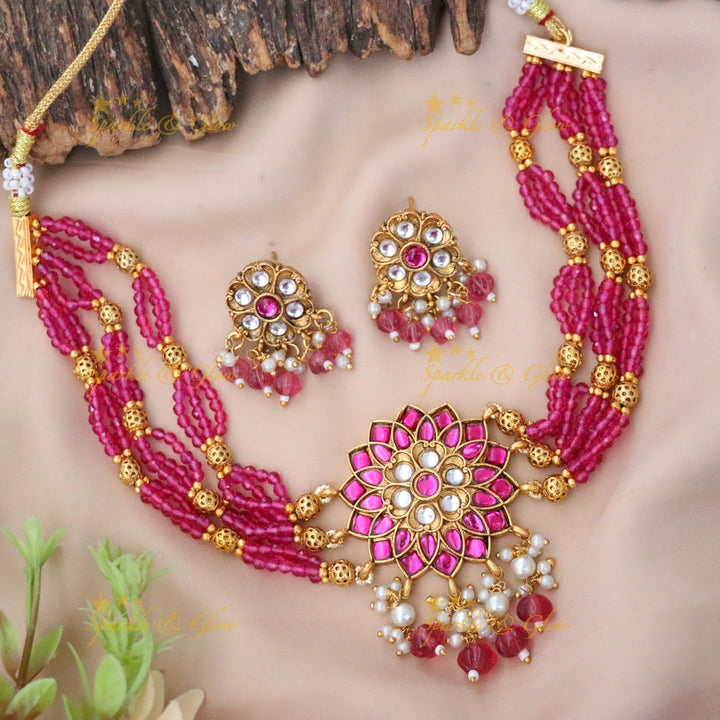 Exquisite Gold & Pink Necklace Set for Weddings