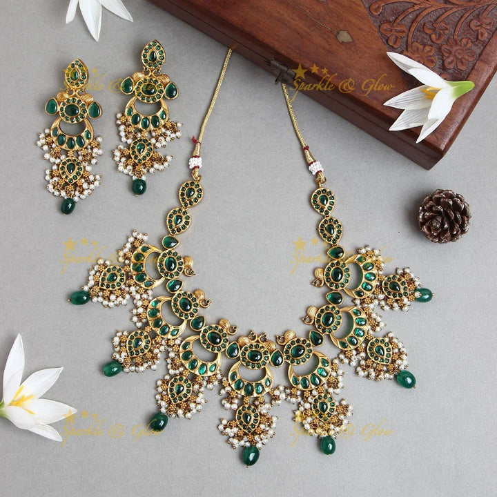 Antique moon Gutta pusalu peacock necklace - Pink - Sparkle and Glow