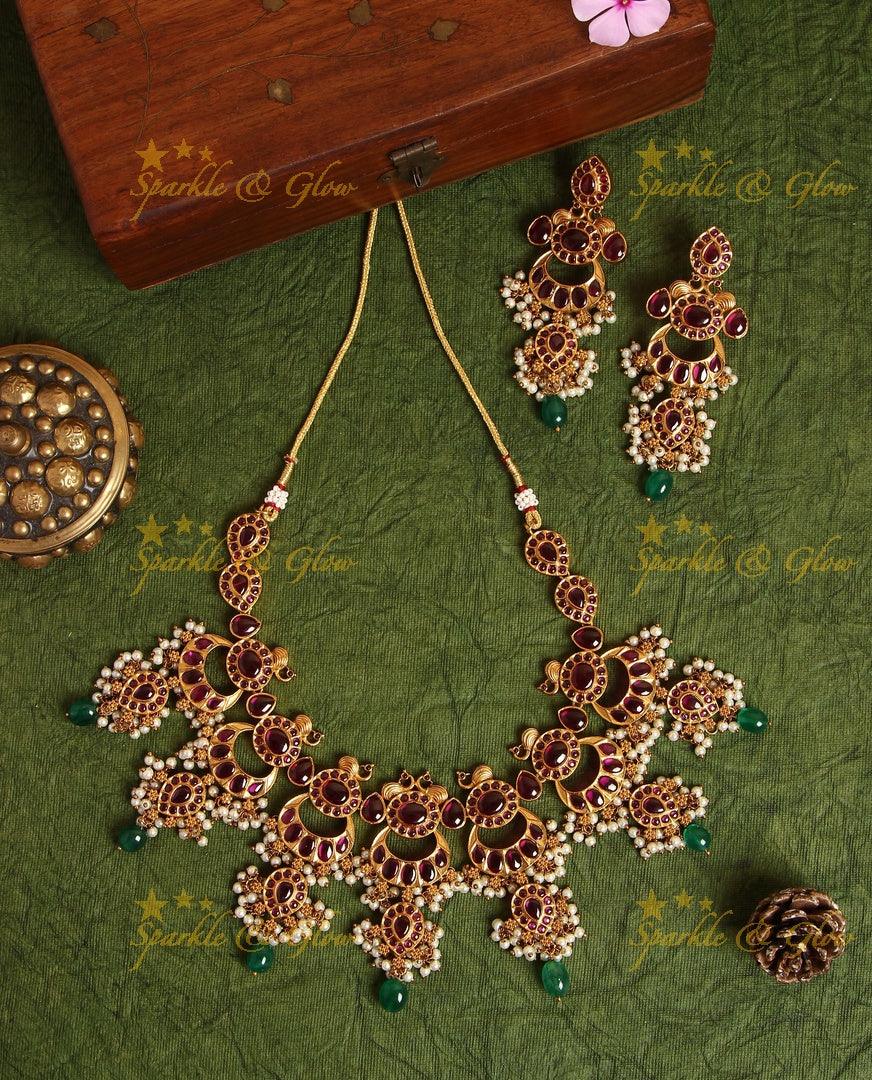 Antique moon Gutta pusalu peacock necklace - Pink - Sparkle and Glow