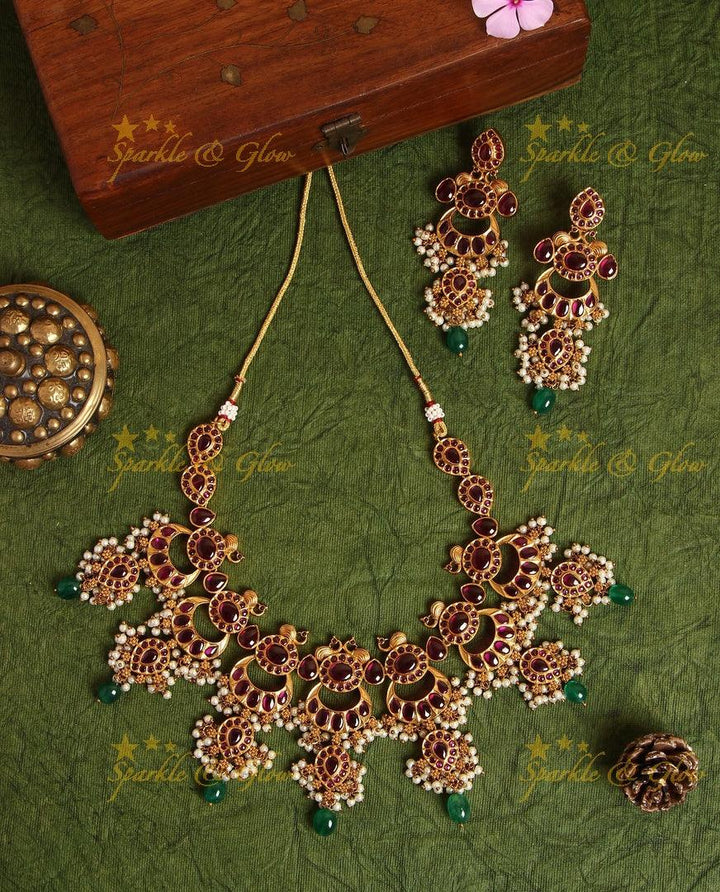 Antique moon Gutta pusalu peacock necklace - Pink - Sparkle and Glow
