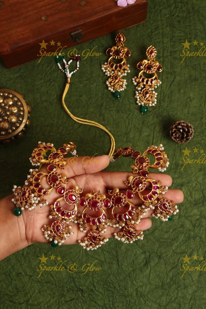 Antique moon Gutta pusalu peacock necklace - Pink - Sparkle and Glow
