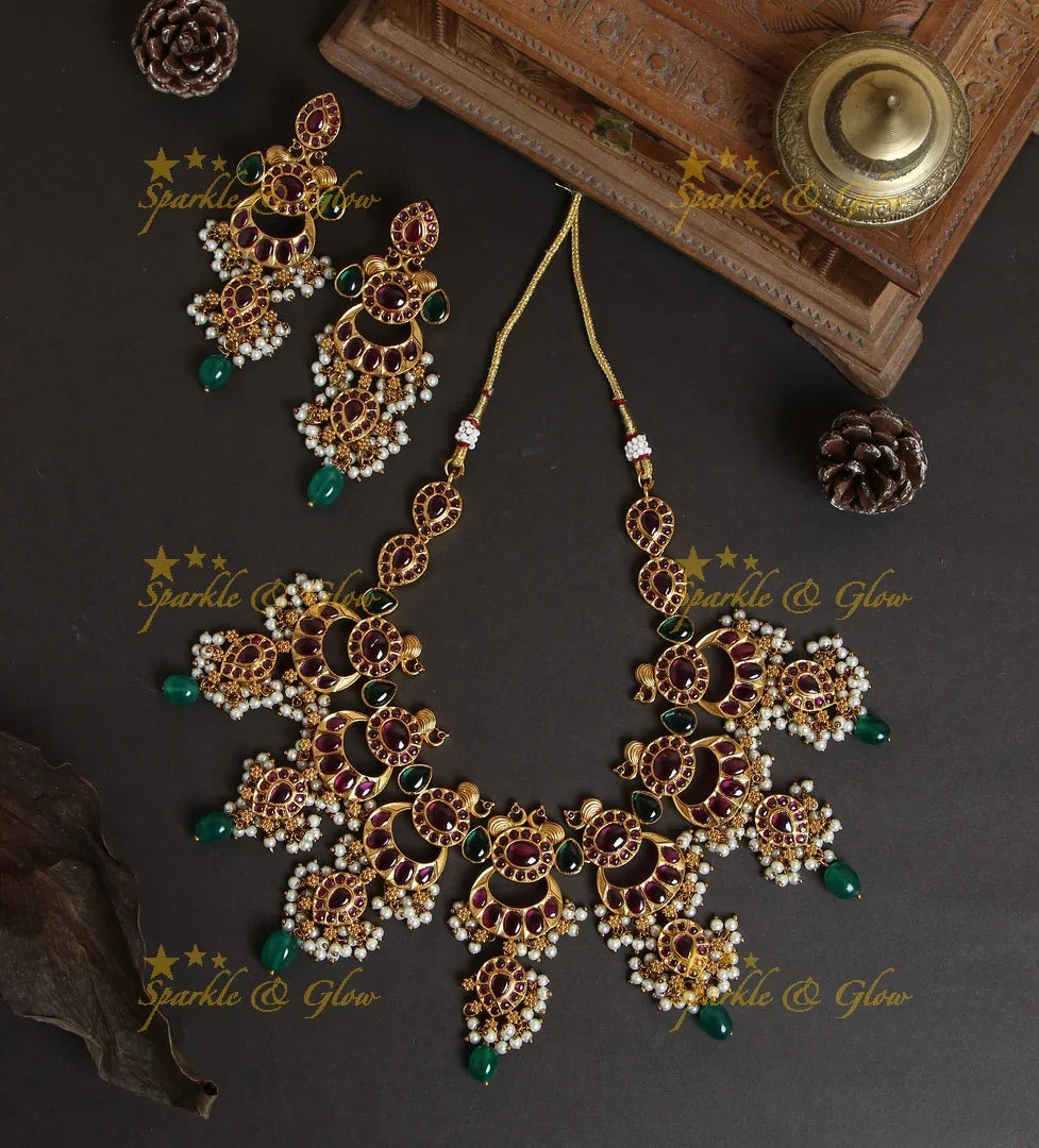 Antique moon Gutta pusalu peacock necklace - Pink - Sparkle and Glow
