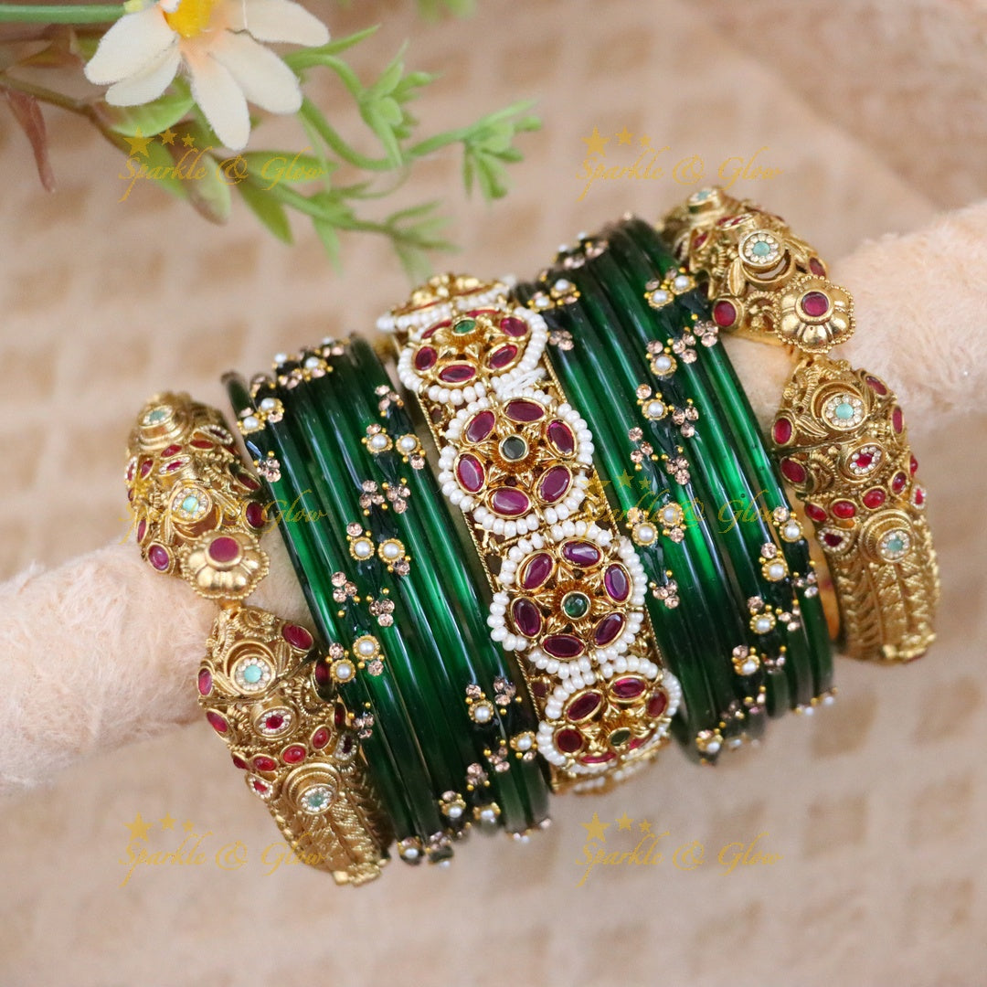 Beautiful Kundan Floral carved Bridal Bnagles Set