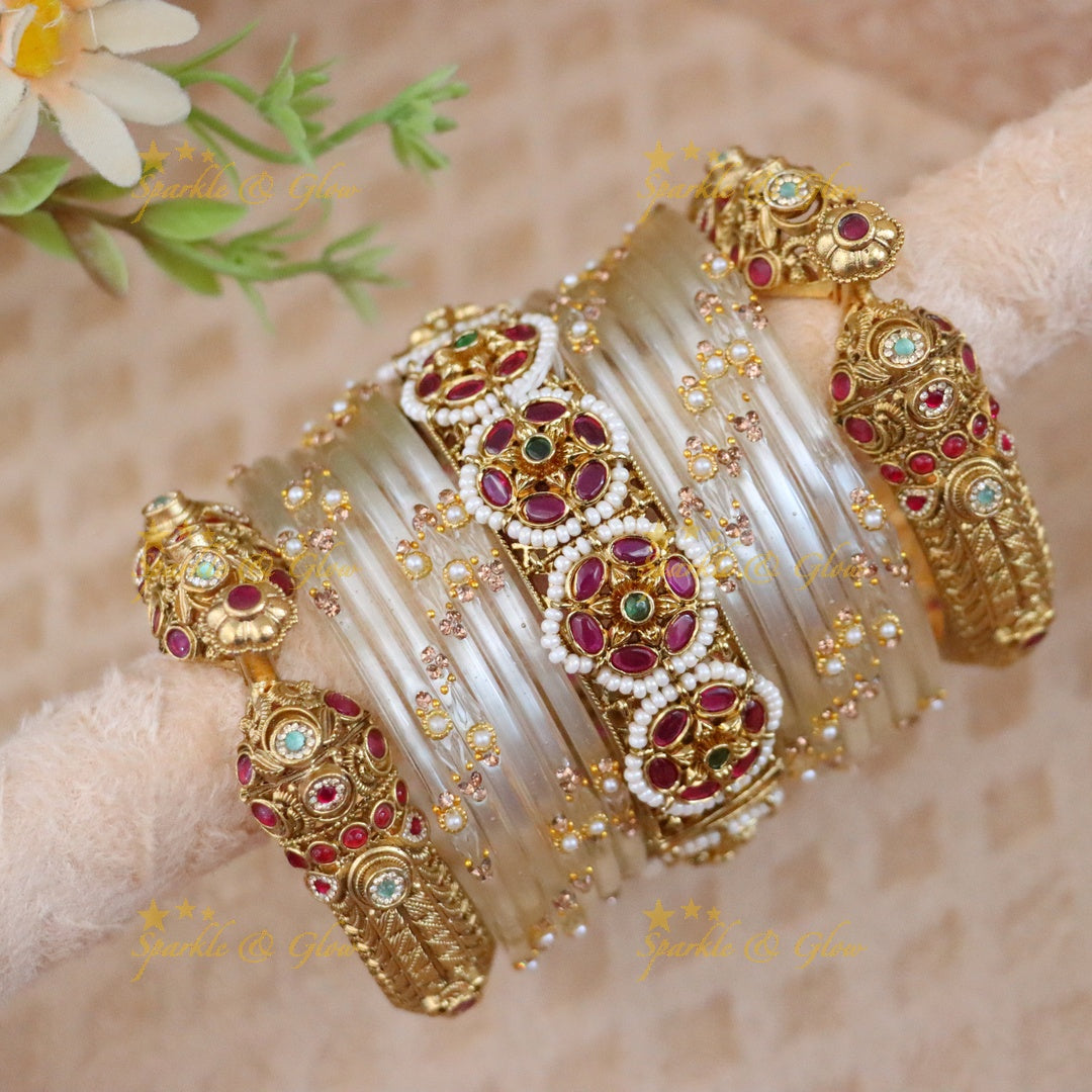 Beautiful Kundan Floral carved Bridal Bnagles Set