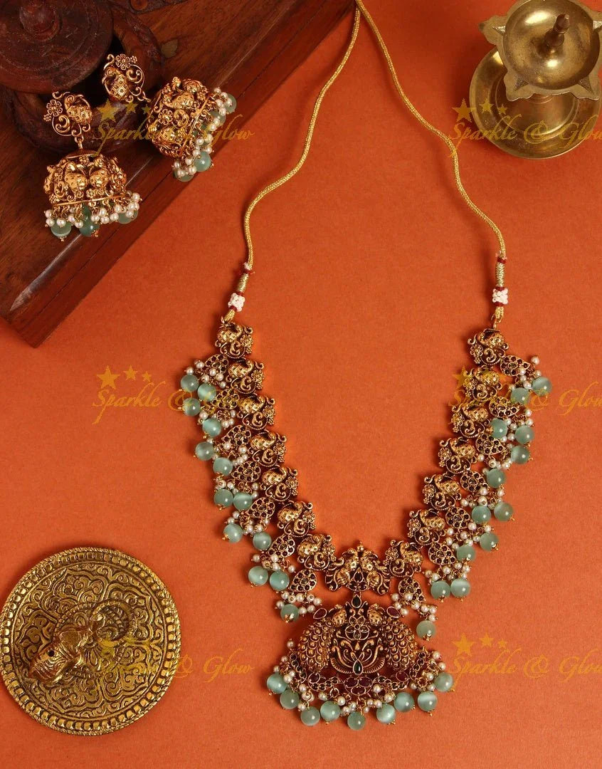 Premium mattepolished intricate peacock necklace with gutta pusalu - Gold - Sparkle and Glow
