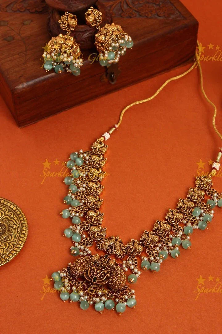 Premium mattepolished intricate peacock necklace with gutta pusalu - Gold - Sparkle and Glow