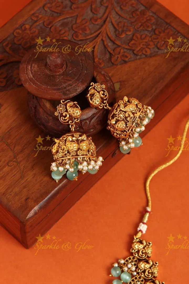Premium mattepolished intricate peacock necklace with gutta pusalu - Gold - Sparkle and Glow