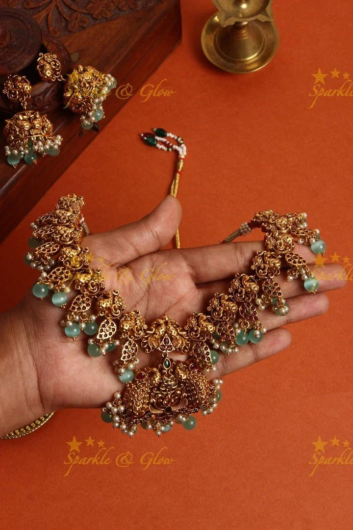 Premium mattepolished intricate peacock necklace with gutta pusalu - Gold - Sparkle and Glow